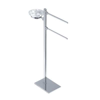 Floor stand with movable elements, 2 towel holders and glass soap dish, brass, Matisse