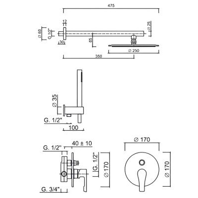 Set doccia incasso monocomando con deviatore pulsante, kit duplex, braccio, soffione Inox D 250 EGO