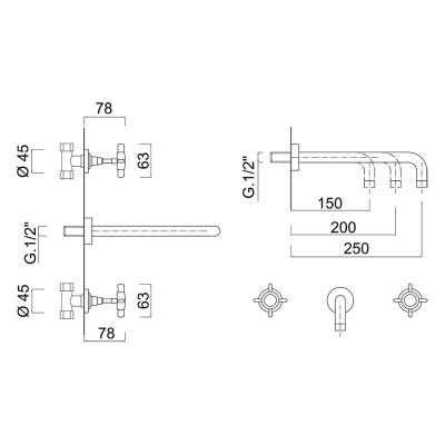 3-hole wall-mounted washbasin, spout mm. 150/200250, without waste, G5