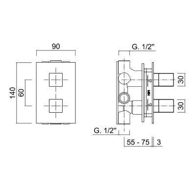 Built-in square thermostatic mixer with 2-way rotary diverter