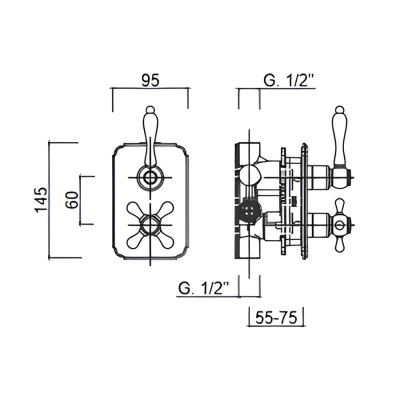 Built-in thermostatic mixer with 3-way rotary diverter, Praga handle