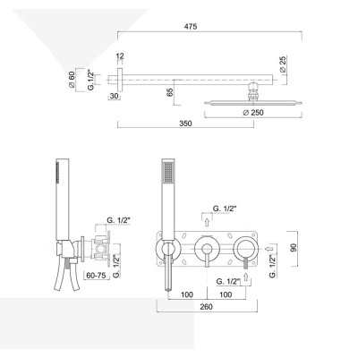 Single-lever built-in shower set, rotation diverter, shower kit, wall arm, stainless steel shower head, My Future Deluxe