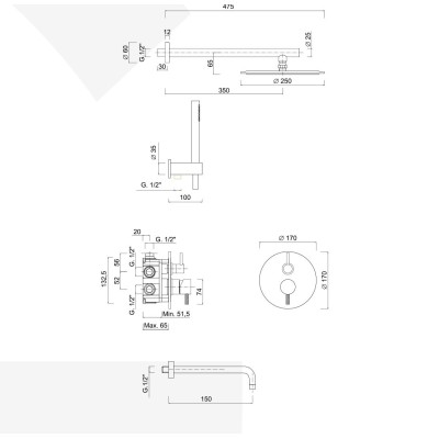 Set doccia incasso monocomando con deviatore, kit duplex, bocca parete, braccio parete, soffione Inox, My Future Deluxe