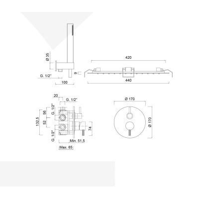 Set doccia incasso monocomando con deviatore, kit duplex, soffione incasso getto pioggia e laminare, My Future Deluxe