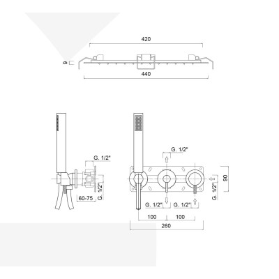 Set doccia incasso monocomando con deviatore, kit duplex, soffione incasso a molle pioggia laminare, My Future Deluxe