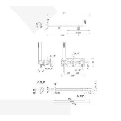 Built-in single-control shower set with diverter, duplex kit, wall spout, arm with stainless steel shower head, My Future Deluxe