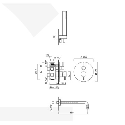 Built-in single-lever bathtub mixer, with rotating diverter, shower kit, spout, My Future Deluxe