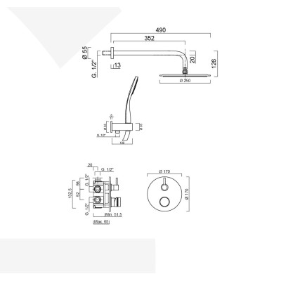 Set doccia incasso monocomando con deviatore, kit duplex, braccio con soffione doccia Inox , MyRing Deluxe