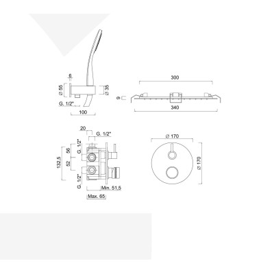 Set doccia incasso monocomando con deviatore, kit duplex, soffione Inox incasso d. 340, MyRing Deluxe