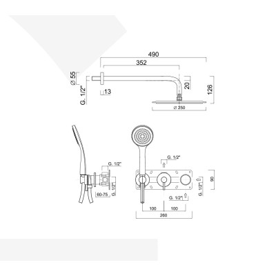 Built-in single-control shower set with diverter, duplex kit, arm with stainless steel shower head, MyRing Deluxe