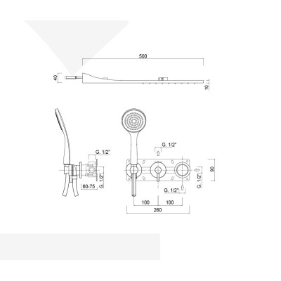 Set doccia incasso monocomando con deviatore, kit duplex, soffione rettangolare, MyRing Deluxe