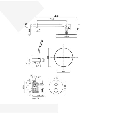 Built-in single-control shower set with diverter, duplex kit, waterfall spout, arm with shower head, MyRing Deluxe