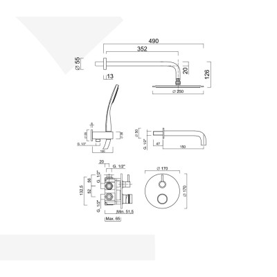 Set doccia incasso monocomando con deviatore, kit duplex, bocca parete, braccio parete, soffione Inox, MyRing Deluxe