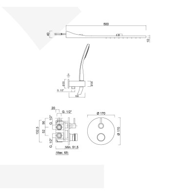 Set doccia incasso monocomando con deviatore, kit duplex, soffione pioggia e cascata, MyRing Deluxe