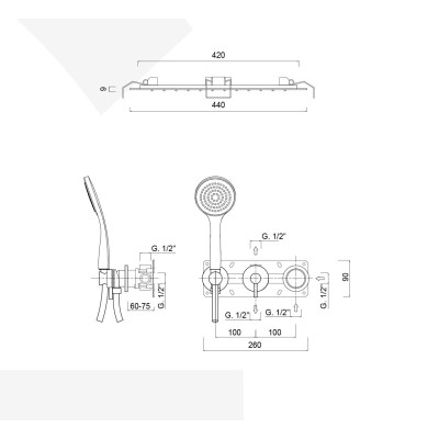 Single-control built-in shower set with diverter, duplex kit, built-in rain and laminar shower head, MyRing Deluxe
