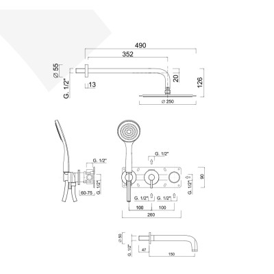 Built-in single-control shower set with diverter, duplex kit, wall spout, arm with stainless steel shower head, MyRing Deluxe