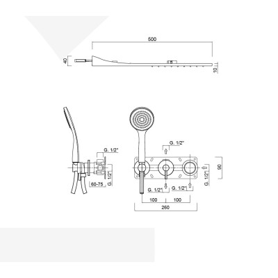 Set doccia incasso monocomando con deviatore, kit duplex, soffione cascata e pioggia, MyRing Deluxe