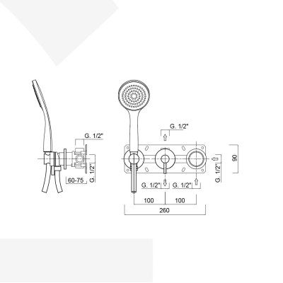 Monocomando doccia incasso con deviatore, kit duplex integrato, 2 uscite libere, MyRing Deluxe
