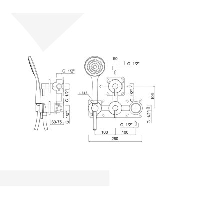 Built-in shower mixer with rotation diverter, integrated duplex kit, 3 free outlets, MyRing Deluxe