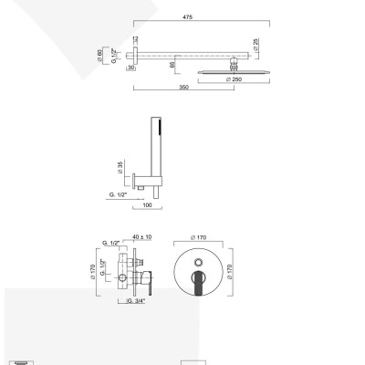 Built-in shower set single lever with push-button diverter, duplex kit, arm with stainless steel shower head, Surf Deluxe