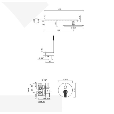 Set doccia incasso monocomando con deviatore, kit duplex, braccio con soffione Inox, Surf Deluxe