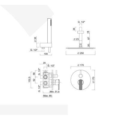 Built-in shower set with single lever diverter, duplex kit, arm with stainless steel ceiling shower head, Surf Deluxe