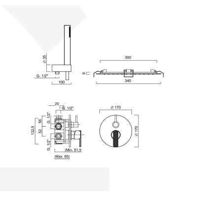 Built-in single-control shower set with diverter, duplex kit, built-in stainless steel shower head, Surf Deluxe