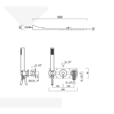 Set doccia incasso monocomando con deviatore, kit duplex, braccio parete, soffione rettangolare, Surf Deluxe