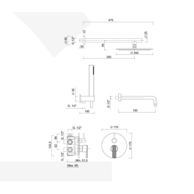 Set doccia incasso monocomando con deviatore, kit duplex, bocca parete, braccio parete, soffione Inox, Surf Deluxe