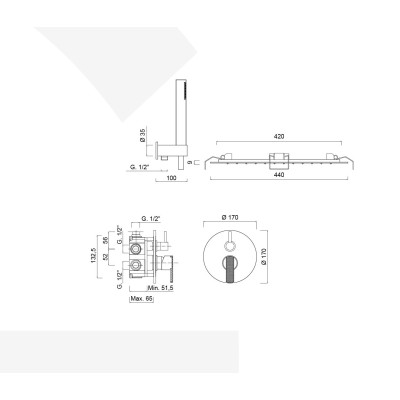 Built-in single-control shower set with diverter, duplex kit, built-in rain and laminar jet shower head, Surf Deluxe