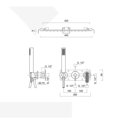 Set doccia incasso monocomando con deviatore, kit duplex, soffione incasso pioggia laminare, Surf Deluxe