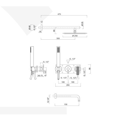 Set doccia incasso monocomando con deviatore, kit duplex, bocca parete, braccio con soffione inox, Surf Deluxe