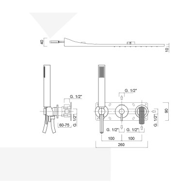 Set doccia incasso monocomando con deviatore, kit duplex, soffione rettangolare pioggia e cascata, Surf Deluxe