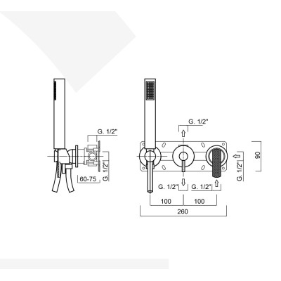 Monocomando doccia incasso con deviatore, kit duplex integrato, 2 uscite libere, Surf Deluxe