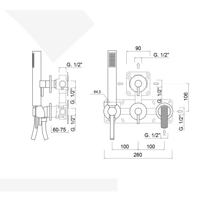 Built-in shower mixer with diverter, integrated duplex kit, 3 free outlets, Surf Deluxe