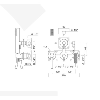 Monocomando doccia incasso con deviatore, kit duplex integrato, 4 uscite libere, Surf Deluxe