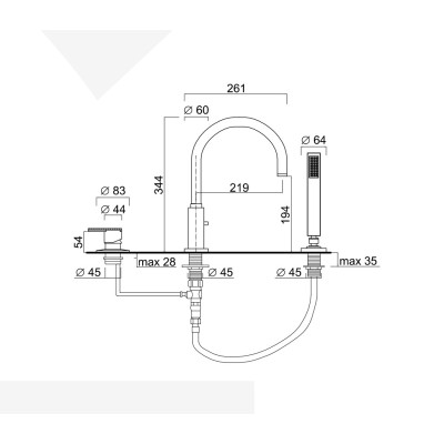 Monocomando bordo vasca 3 fori, bocca con deviatore, Surf Deluxe