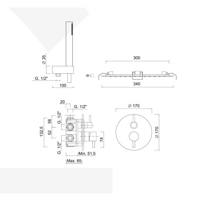 Set doccia incasso monocomando con deviatore, kit duplex, soffione Inox incasso, My Future