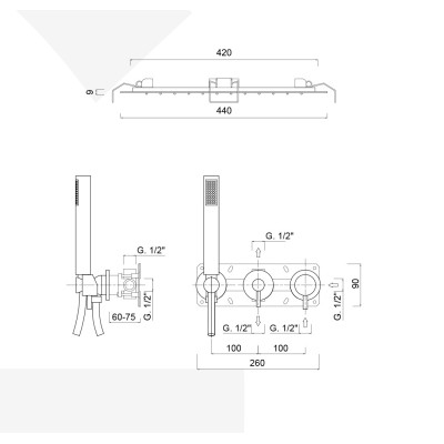 Set doccia incasso monocomando con deviatore, kit duplex, soffione incasso a molle pioggia laminare, My Future