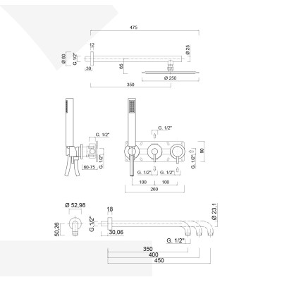 Set doccia incasso monocomando con deviatore, kit duplex, bocca parete, braccio con soffione inox, My Future