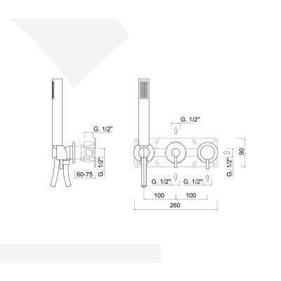 Built-in shower mixer with diverter, integrated duplex kit, 2 free outlets, My Future