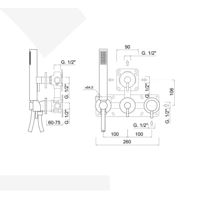 Built-in shower mixer with diverter, integrated duplex kit, 3 free outlets, My Future