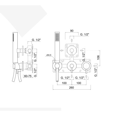 Built-in shower mixer with diverter, integrated duplex kit, 4 free outlets, My Future