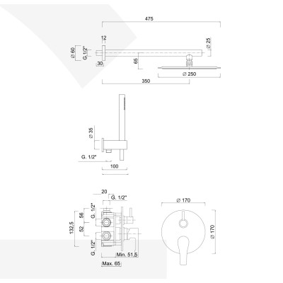 Built-in single-control shower set with diverter, duplex kit, arm with stainless steel shower head, EGO