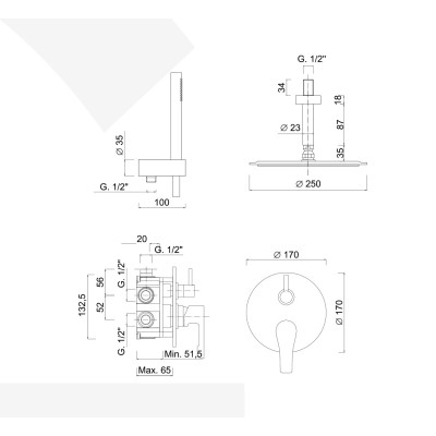 Built-in shower set with single lever diverter, duplex kit, arm with stainless steel ceiling shower head, EGO