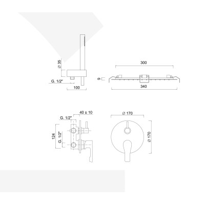 Set doccia incasso monocomando con deviatore, kit duplex, soffione Inox incasso, EGO