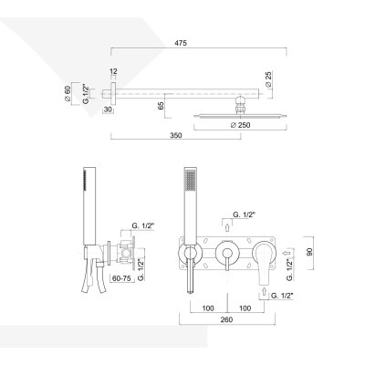 Set doccia incasso monocomando con deviatore, kit duplex, braccio parete, soffione Inox, EGO