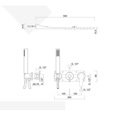 Set doccia incasso monocomando con deviatore, kit duplex, braccio parete, soffione rettangolare, EGO