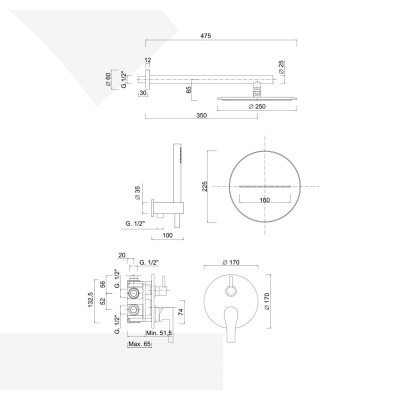 Built-in single-control shower set with diverter, duplex kit, stainless steel shower head, waterfall wall spout, EGO