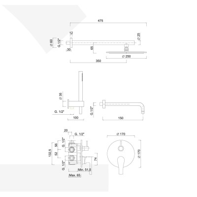 Set doccia incasso monocomando con deviatore, kit duplex, soffione Inox, bocca parete cascata, EGO